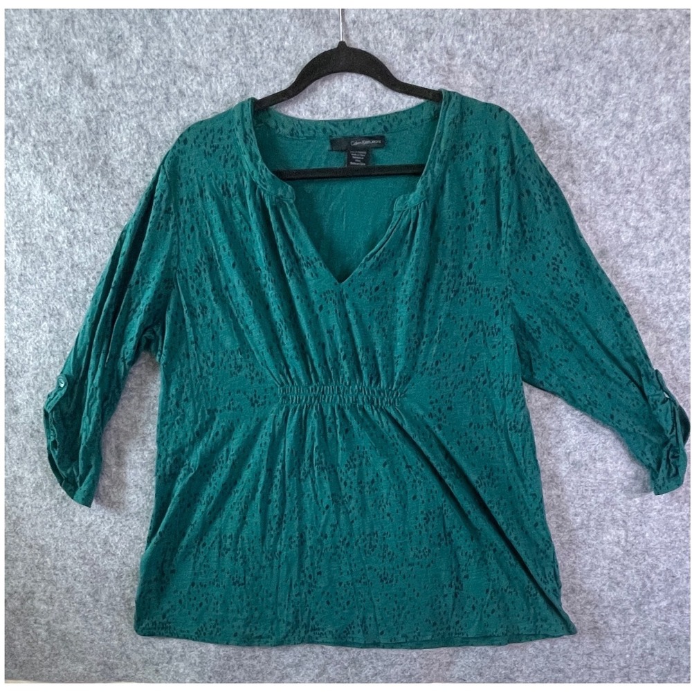Calvin Klein Jeans Womens XXL Green Abstract Print V-Neck Empire Waist Blouse
